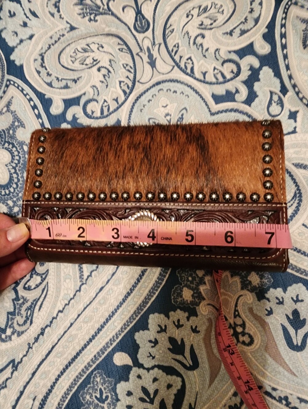 American Darling Brown Haircalf Tote with Tooled Leather Trim - Picture 10 of 16